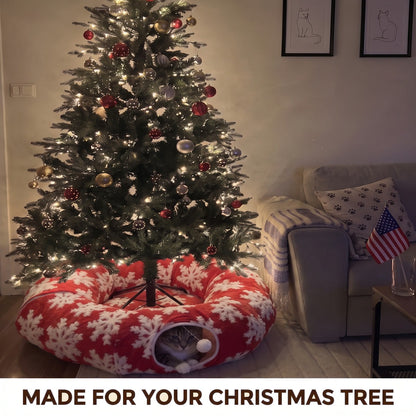 Meownook cat tunnel bed around a Christmas tree
